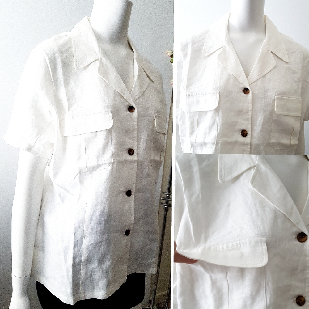 💯White Linen Oversized Short Sleeve Blouse/Top| Buttons Down| Pockets